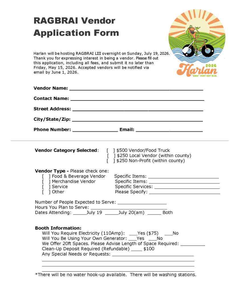 RAGBRAI Vendor Application Form Page 1 Preview